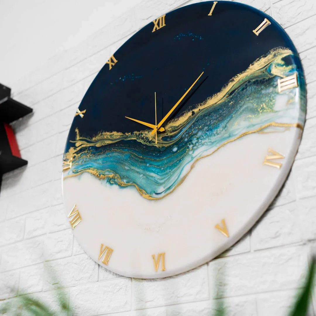 Azure Current handmade resin clock — styled product view