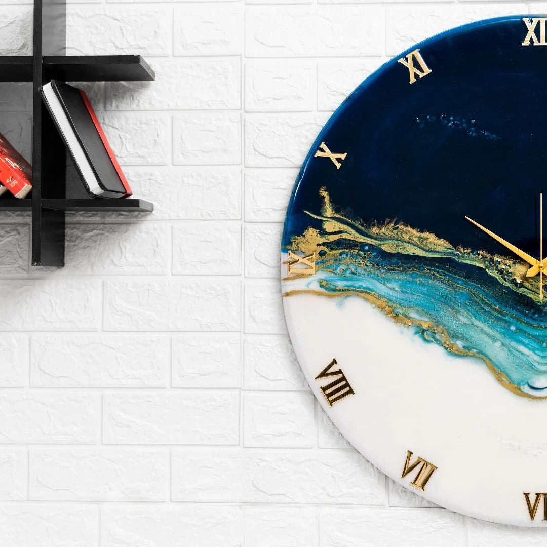 Azure Current handmade resin clock — close-up