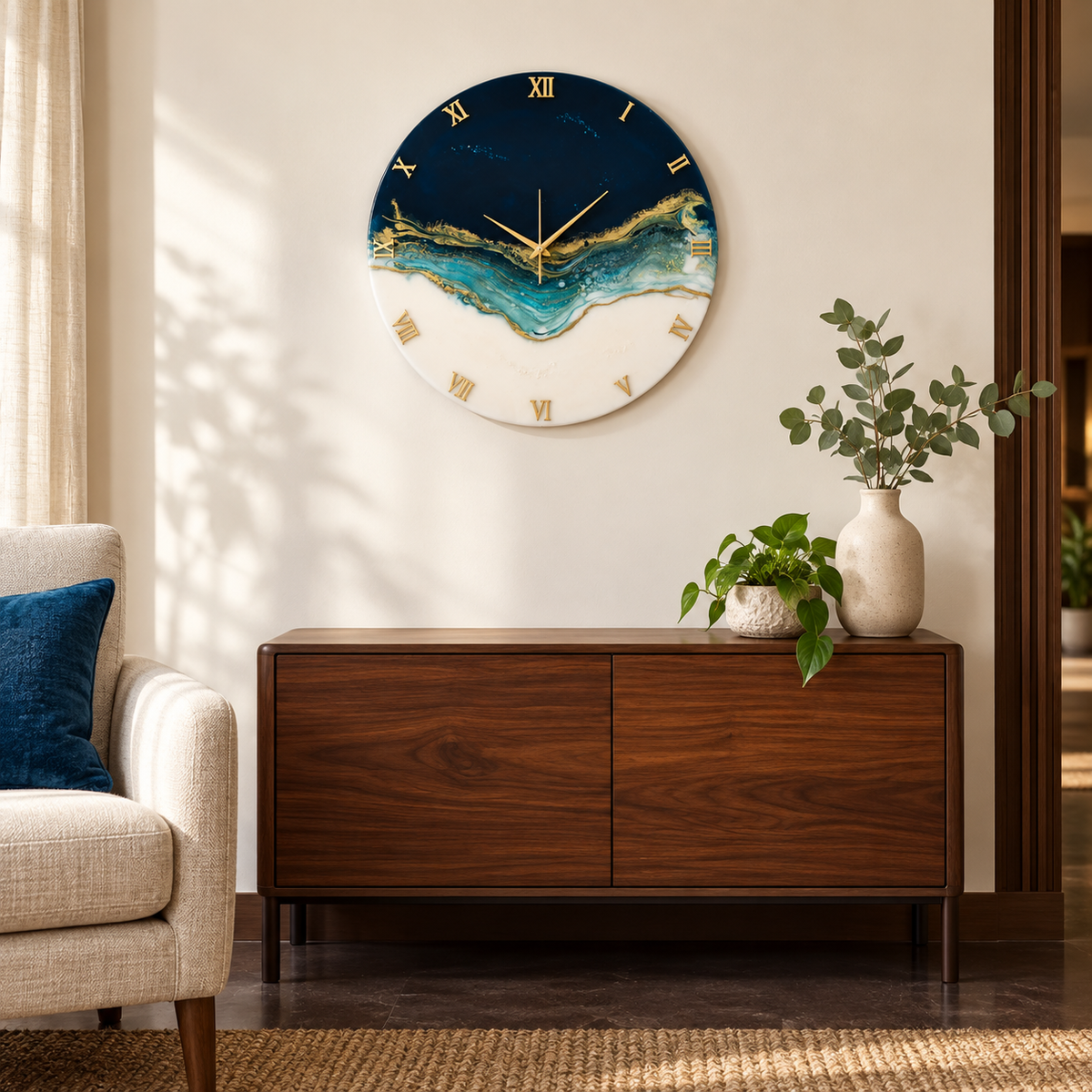 Azure Current handmade resin wall clock in an AI-styled room; illustrative setting