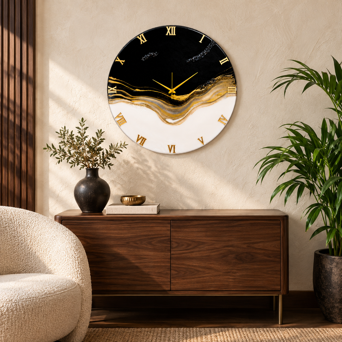 monochrome current handmade clock in an AI-styled room; illustrative setting