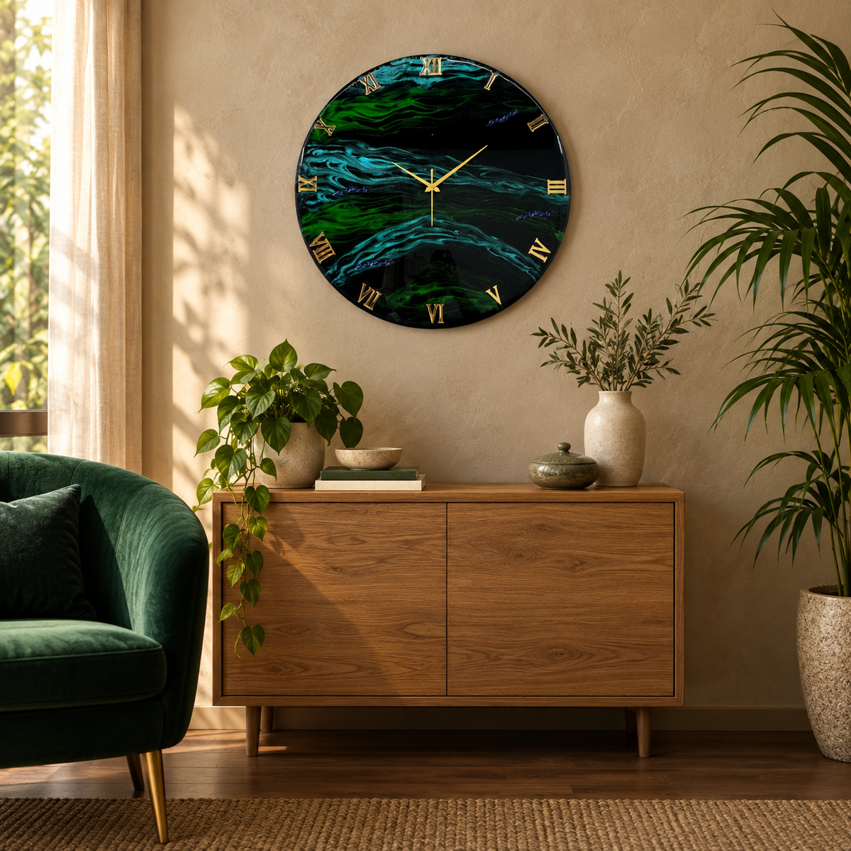 verdant grove handmade clock in an AI-styled room; illustrative setting